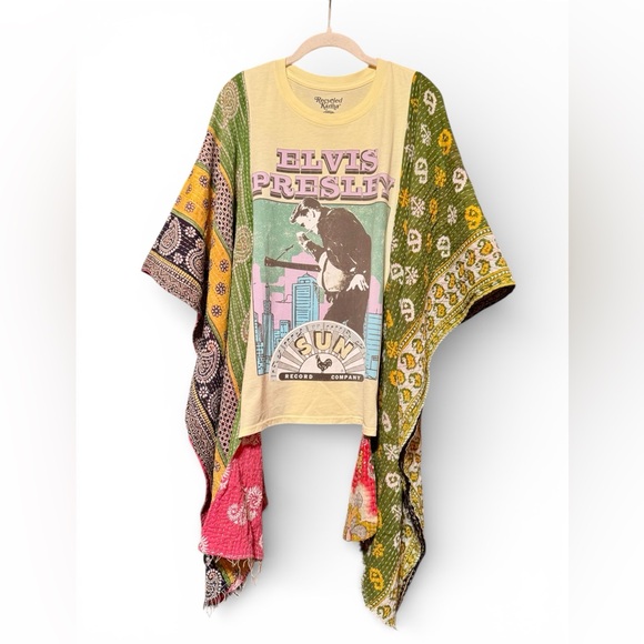 ELVIS BAND T Poncho Kantha Handmade One Of a Kind Upcycled Boho - Picture 2 of 5